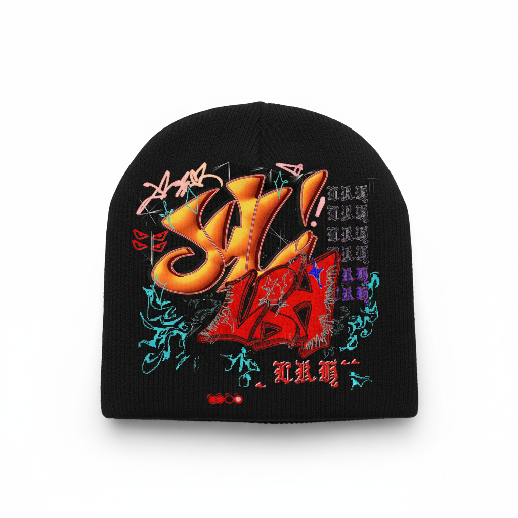 Black beanie with graffiti art