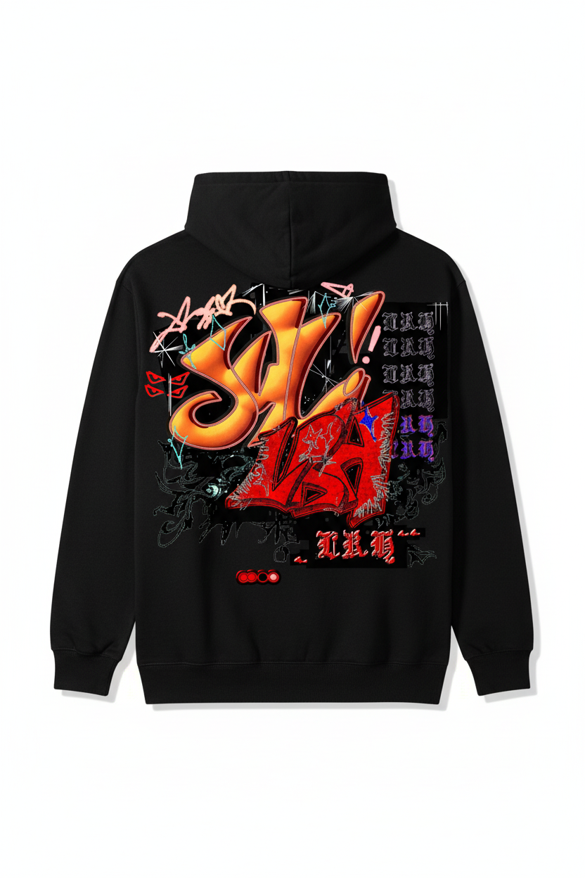 Black hoodie with graffiti art on back