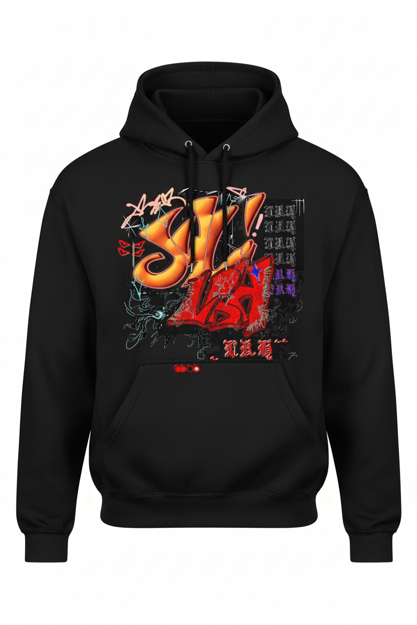 Black hoodie with graffiti art on front
