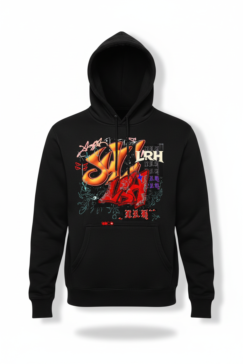 Black hoodie with graffiti art on hood and LRH logo on chest
