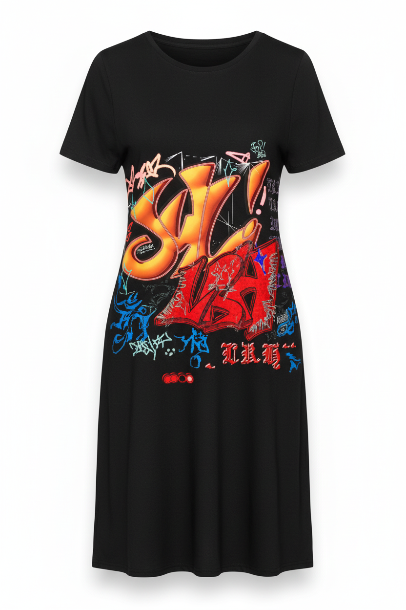 Black t-shirt dress with graffiti art