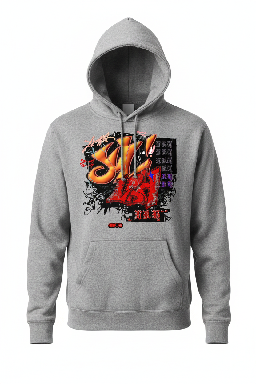 Gray hoodie with graffiti art on front