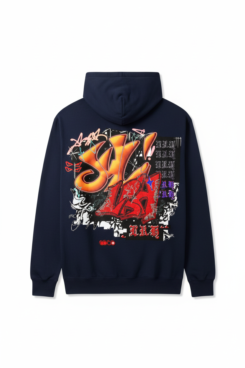 Navy blue hoodie with graffiti art on back
