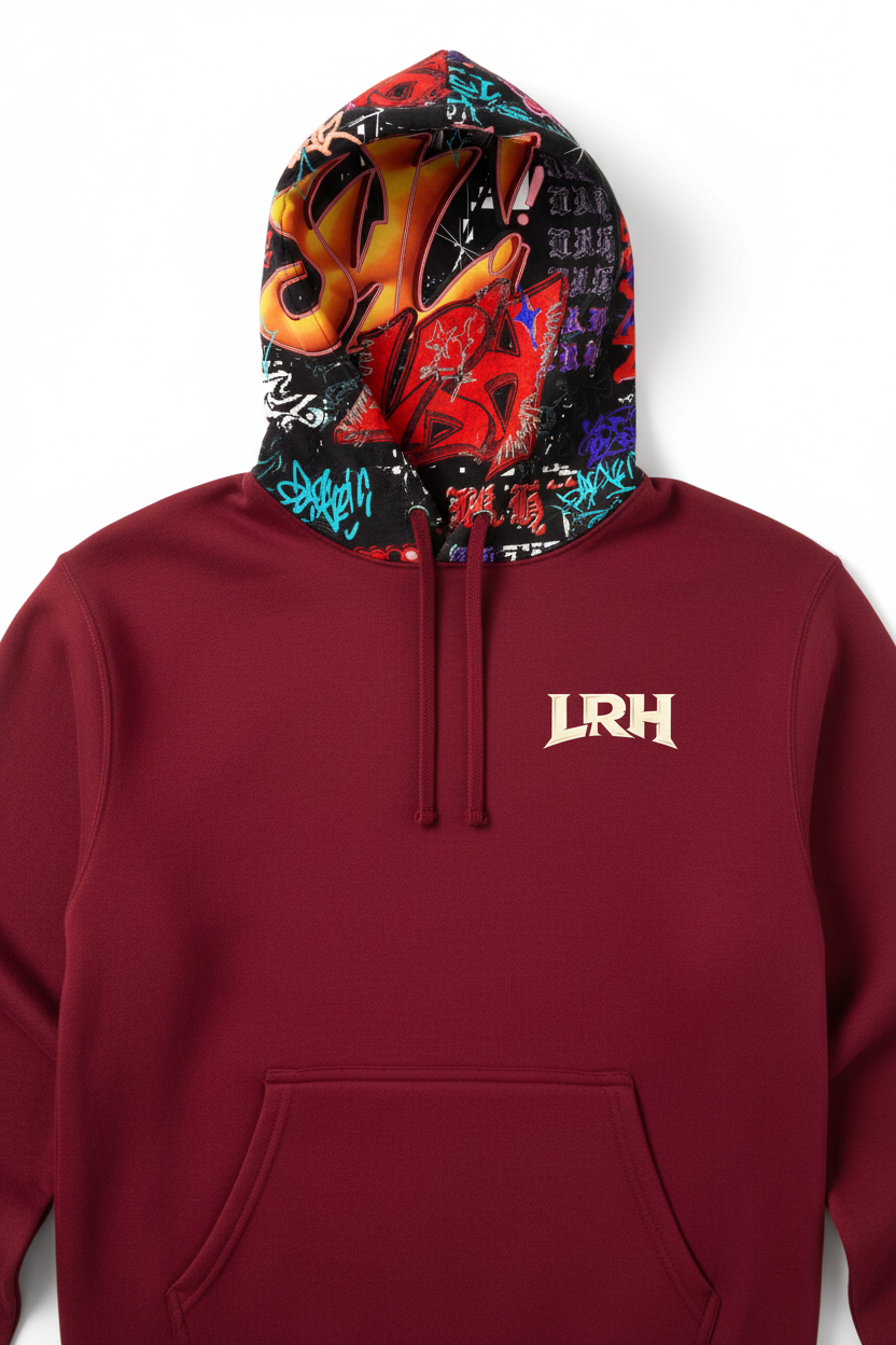 Red hoodie with graffiti art on hood and LRH logo on chest