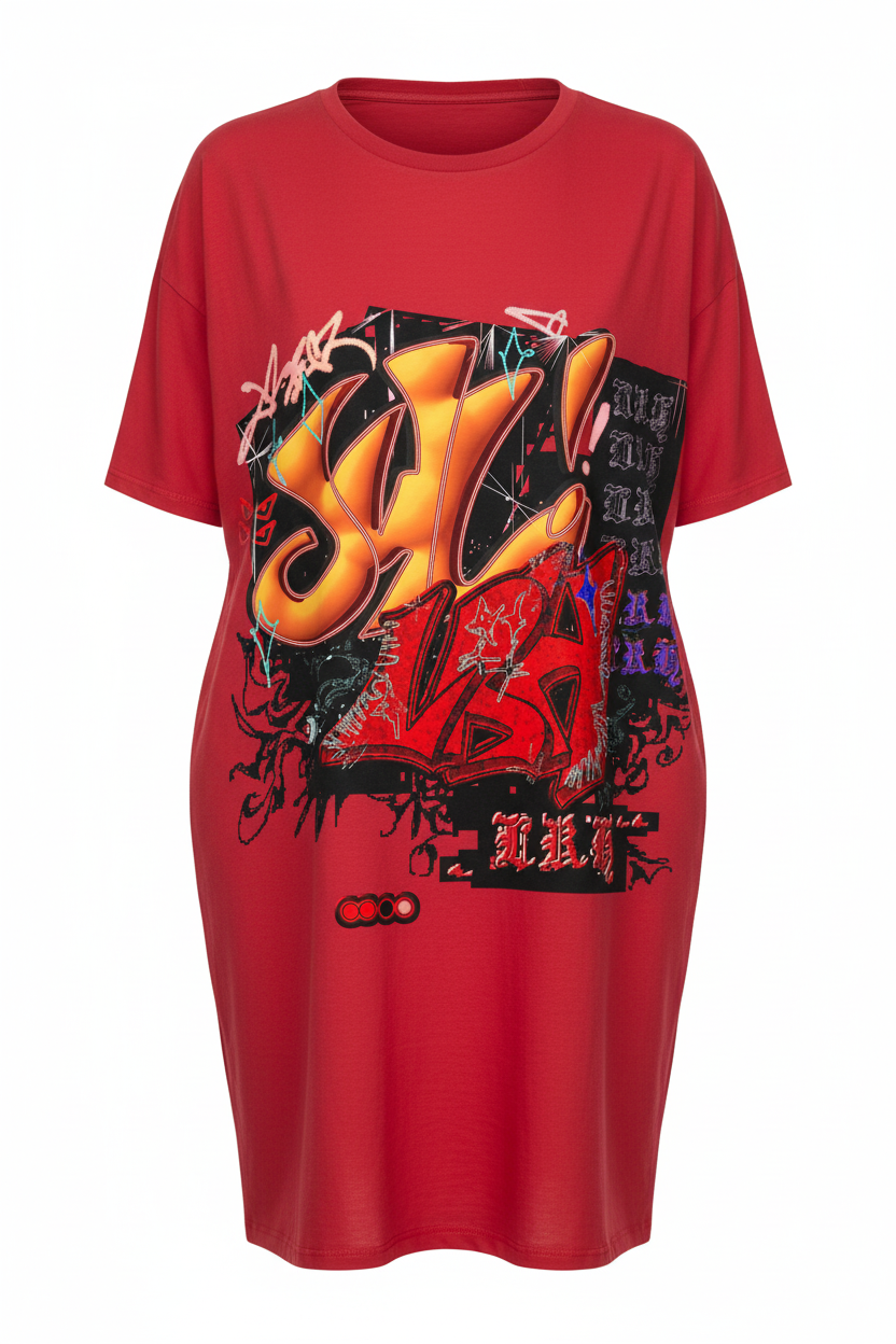 Red t-shirt dress with graffiti art