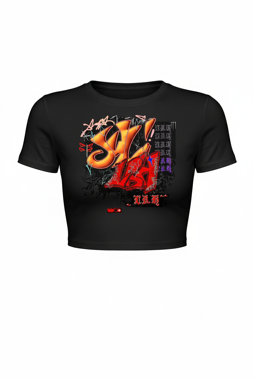 Stylish black crop top with graffiti art