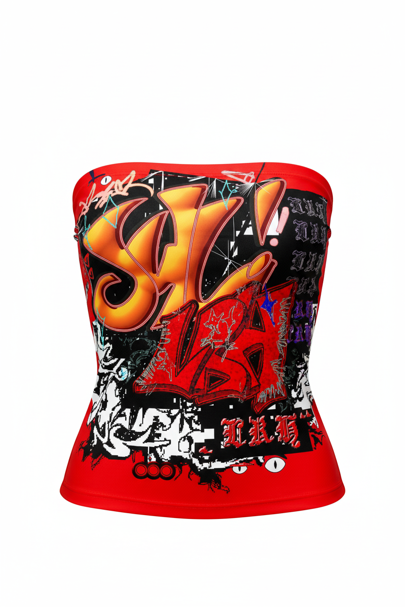 Stylish red tube top with graffiti art