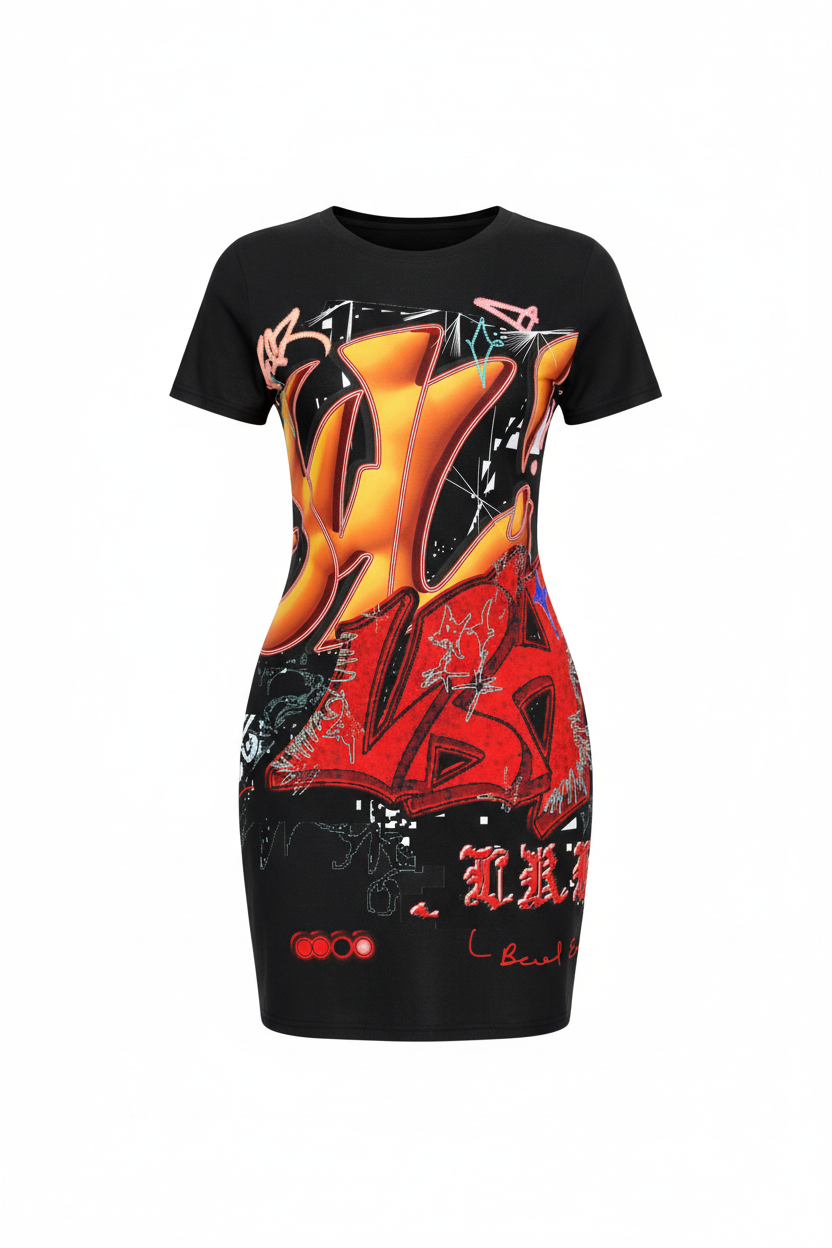 Stylish short black t-shirt dress with graffiti art