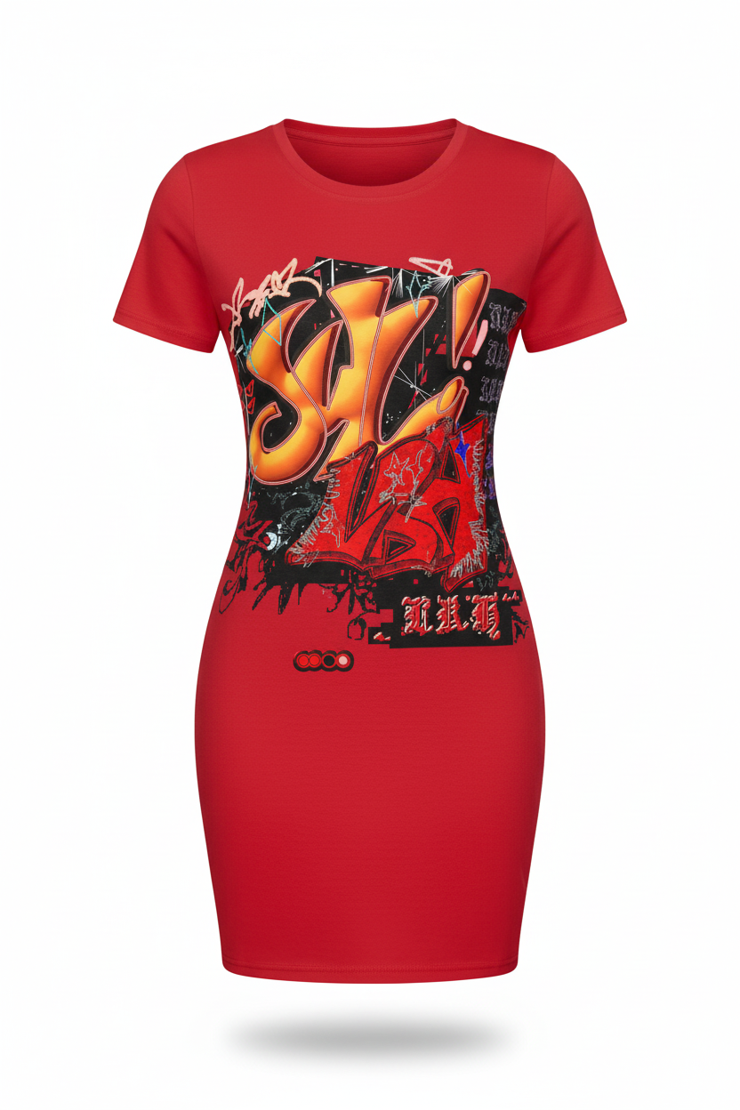 Stylish short red t-shirt dress with graffiti art