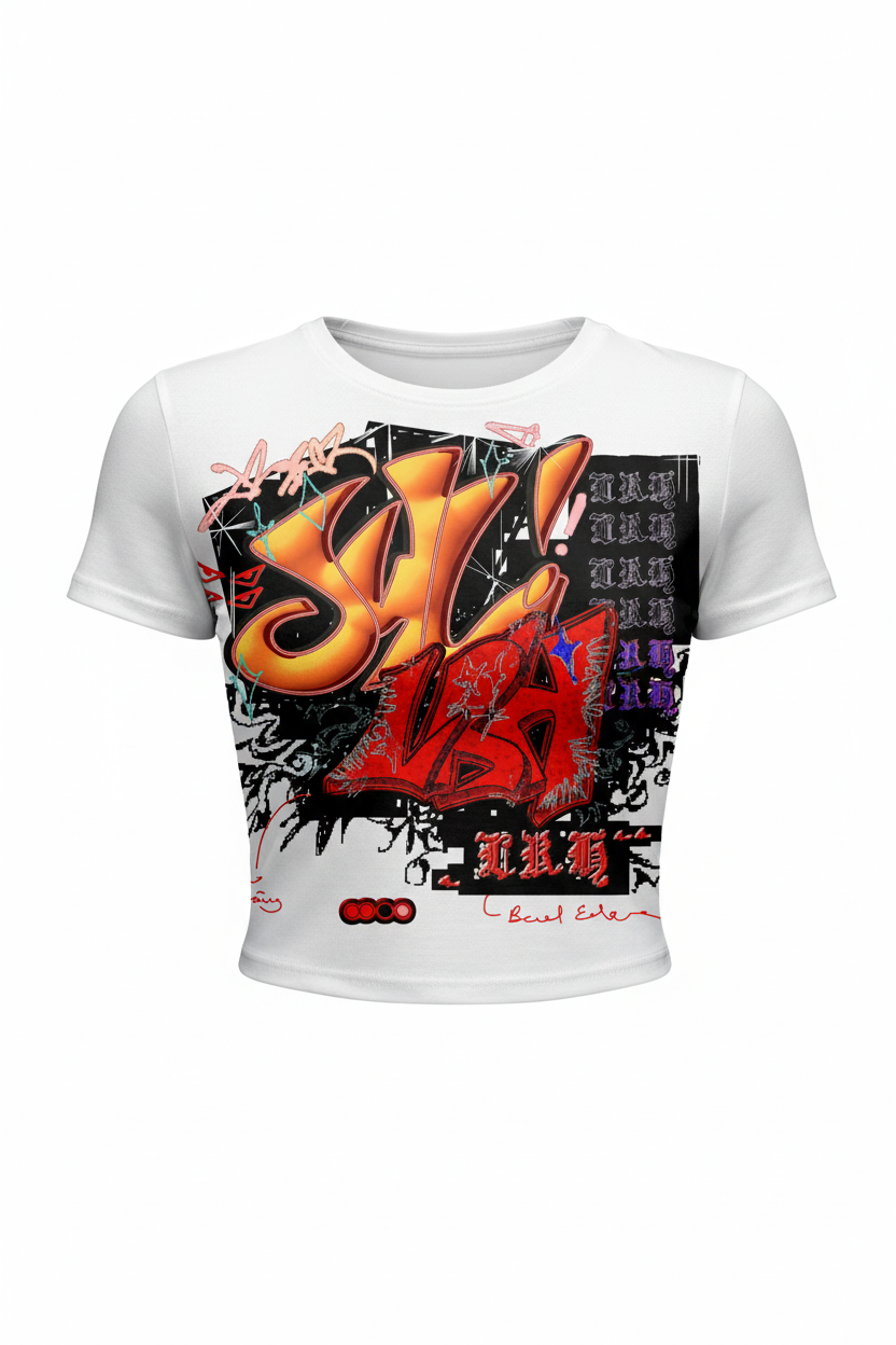 Stylish white crop top with graffiti art