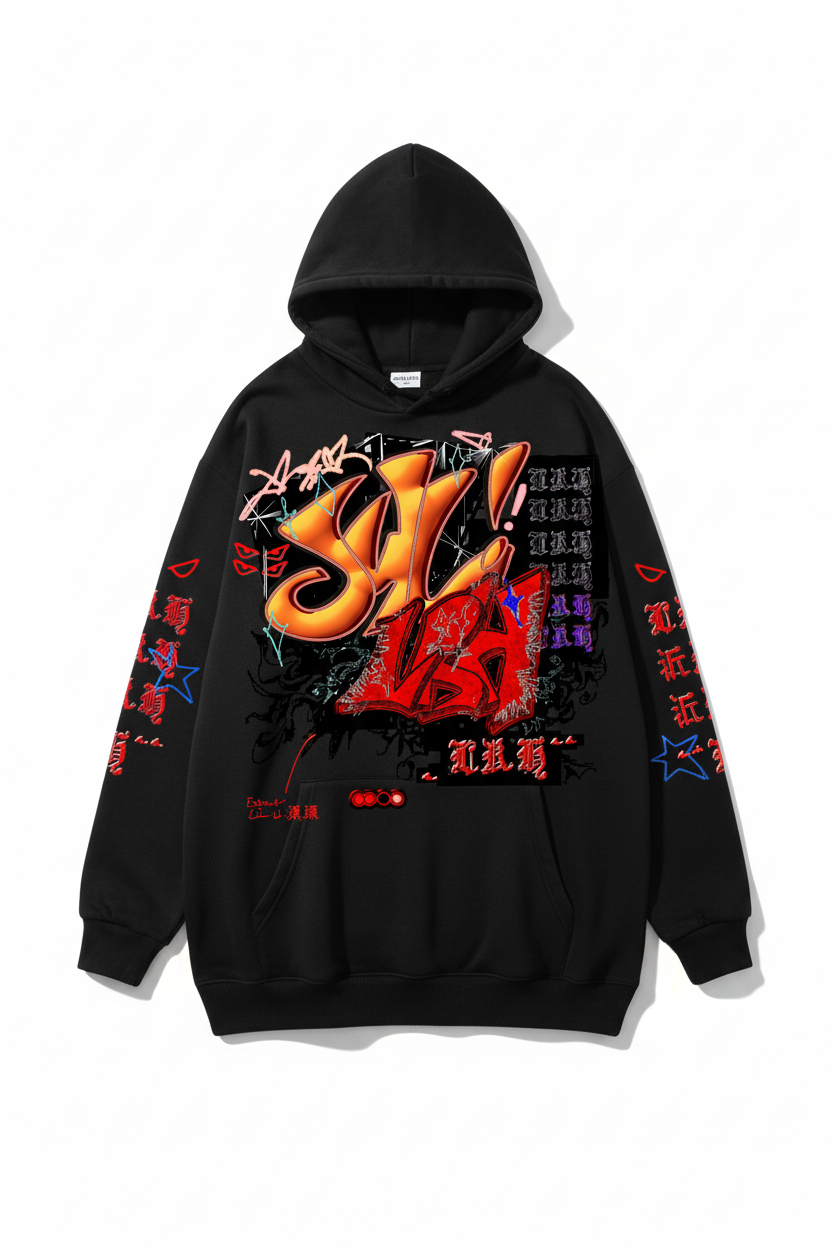 Trendsetting black skater hoodie with graffiti art