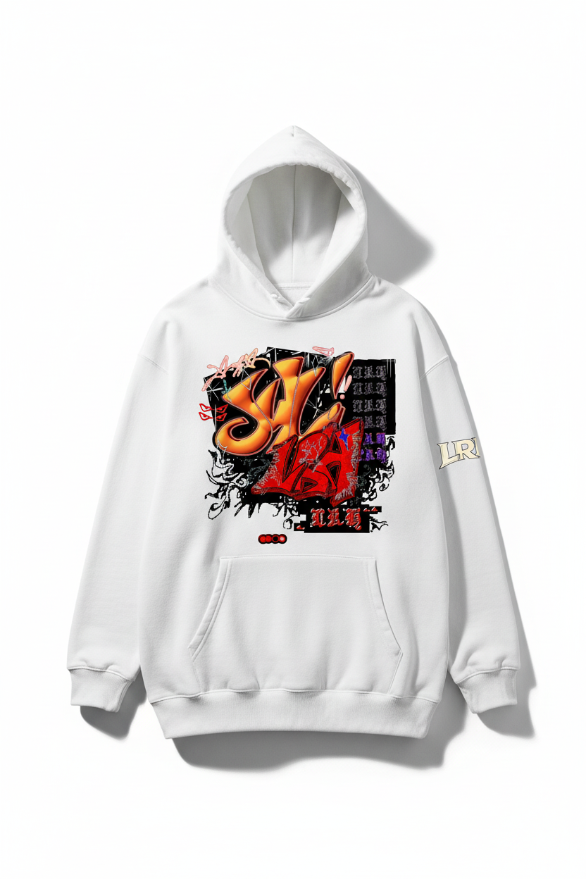 Trendsetting white skater hoodie with diagonal art