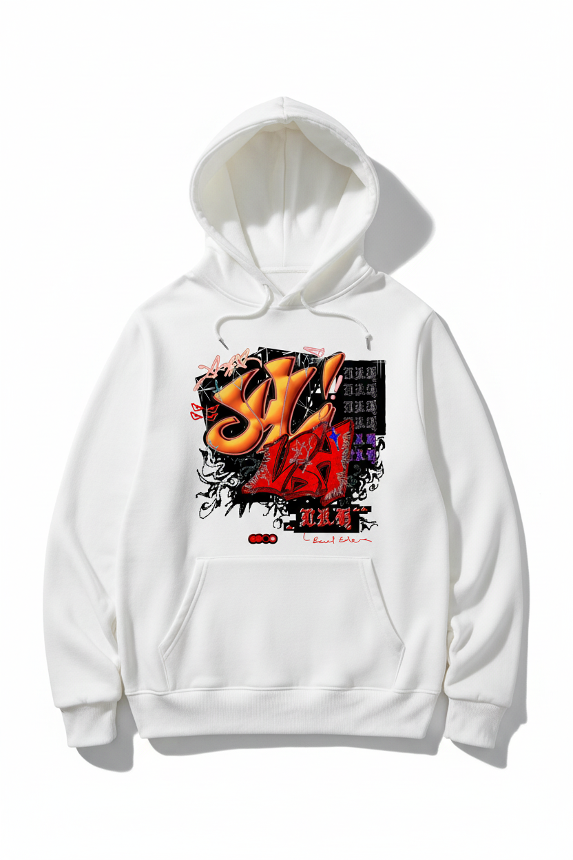 White hoodie with graffiti art on front