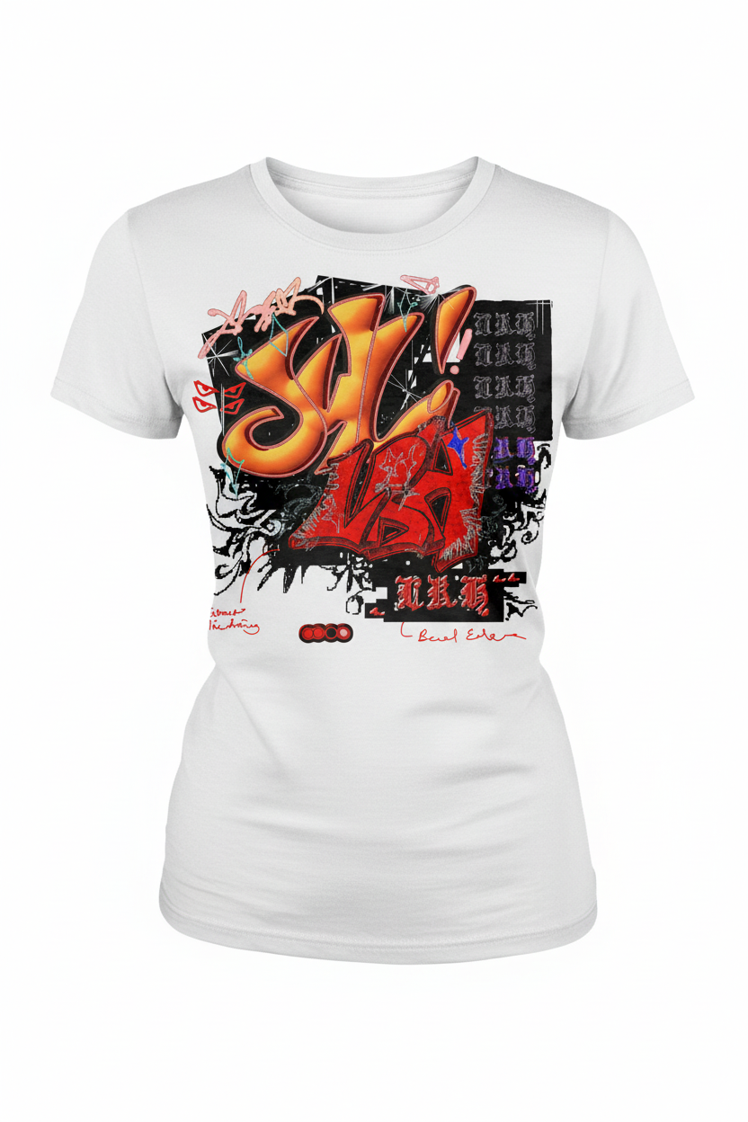 White women's t-shirt with graffiti art